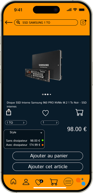 Écran de choix produit avec variantes Amazon redesign